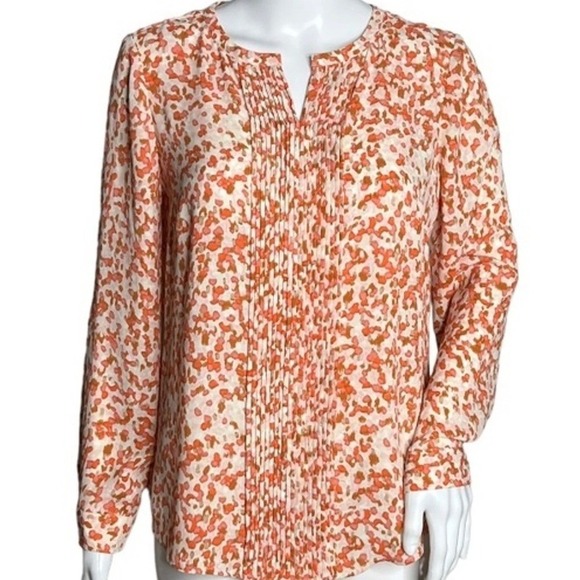 Talbots Woman 3X Orange Abstract Floral Pintuck Split Neck Blouse Long Sleeve - Picture 2 of 16